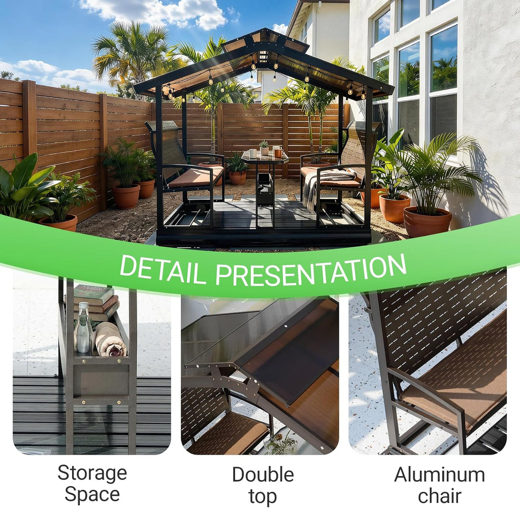 OUDE 4 Seats Hardtop Patio Porch Swing, Heavy Duty 1500 lbs Capacity Aluminum Frame Glider Bench with Tabletop and Storage Shelf for Backyard, Brown