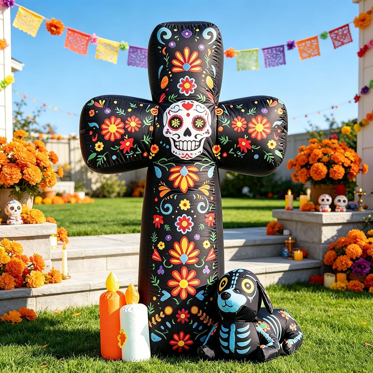 DomKom 6 FT Halloween Inflatable Outdoor Decorations, Day of the Dead Cross Blow Up with Skeleton Dog & Candles, Built-in LED Lights, Día de Los Muertos Yard Decoration for Lawn, Garden, Porch