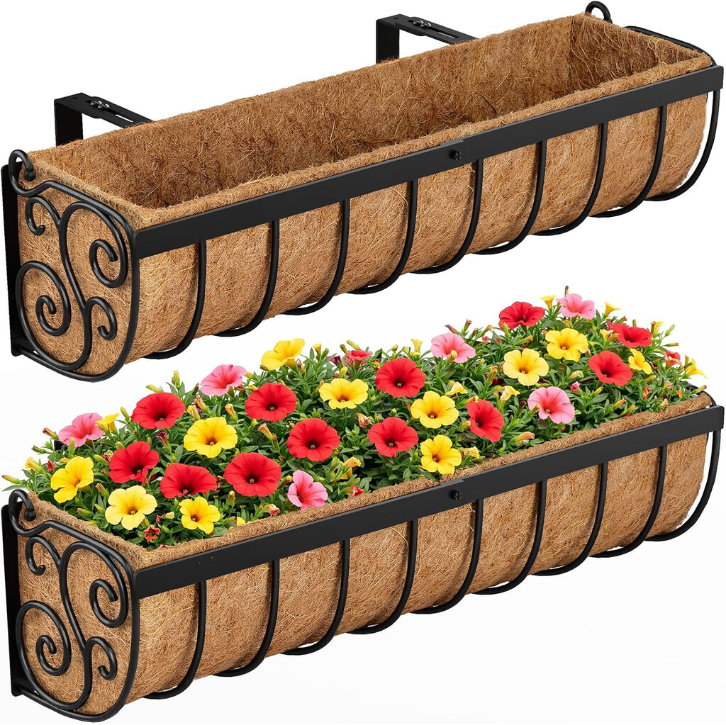 VOXOR Railing Planter Boxes, 24 Inch Window Boxes Planters, Balcony Planters with Adjustable Brackets & Coco Liner for Outdoor Fence, Deck, Porch, and Patio Gardening, 2 Pack