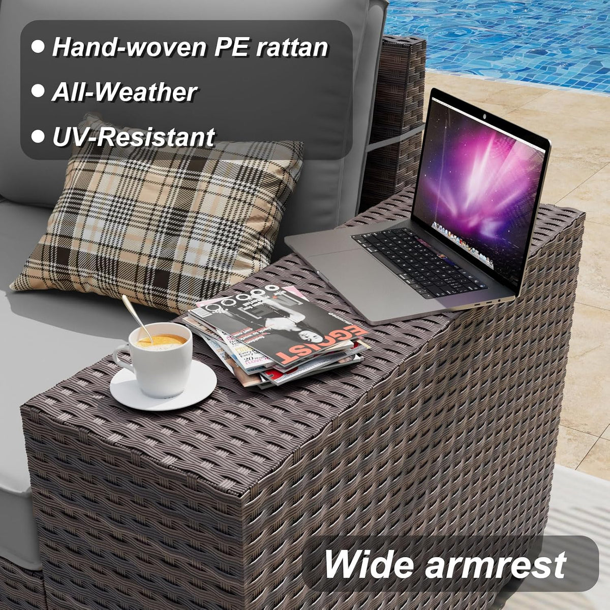 ALAULM 7 Pieces Patio Furniture Set with Fire Pit Table 55000BTU, Oversized Seat/Armrest and High Back Wicker Conversation Set with Thick Cushion for Backyard, Garden, Black