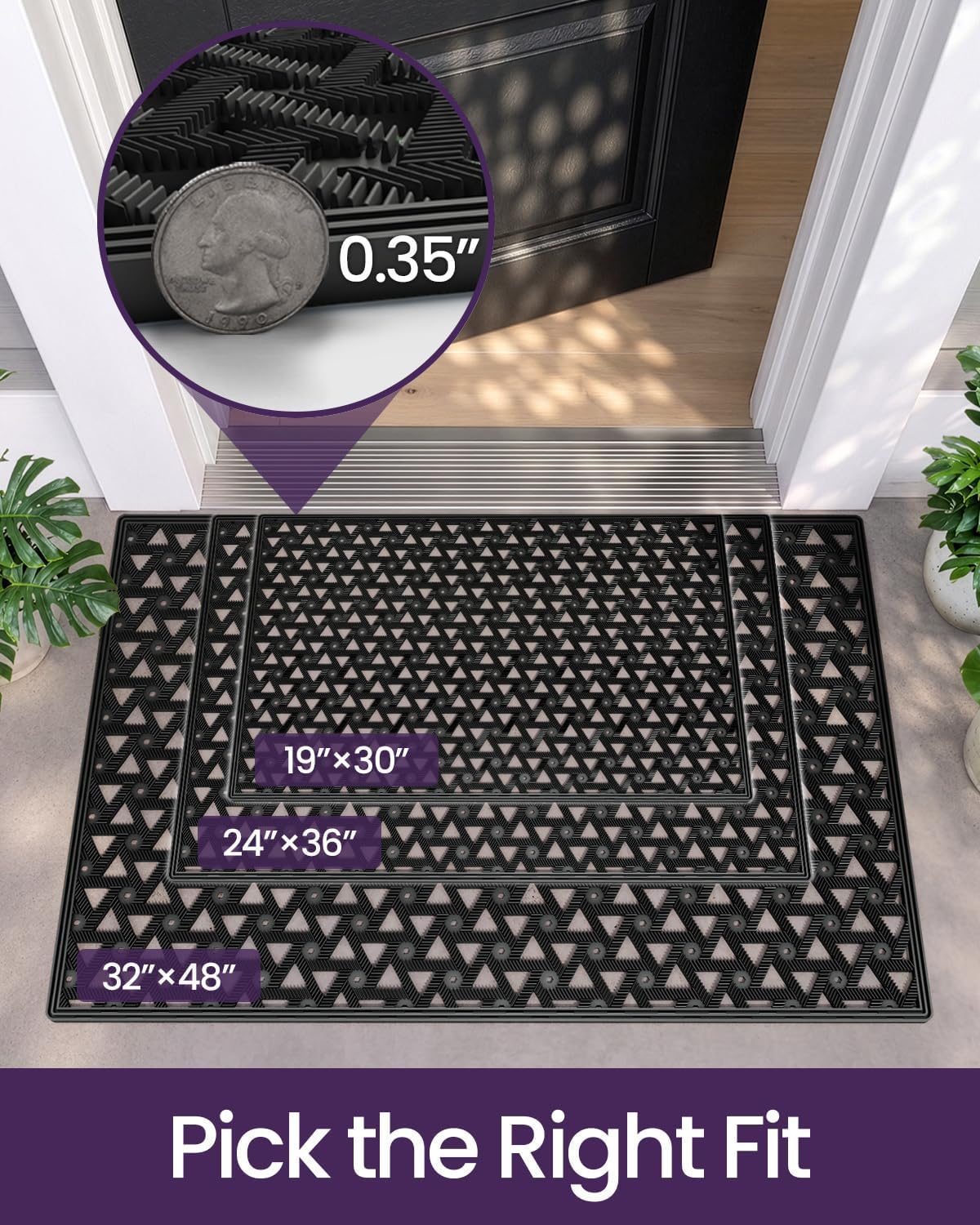 DEXI Front Door Mat Outside Entrance Rubber Floor Doormat, 19x30 Black