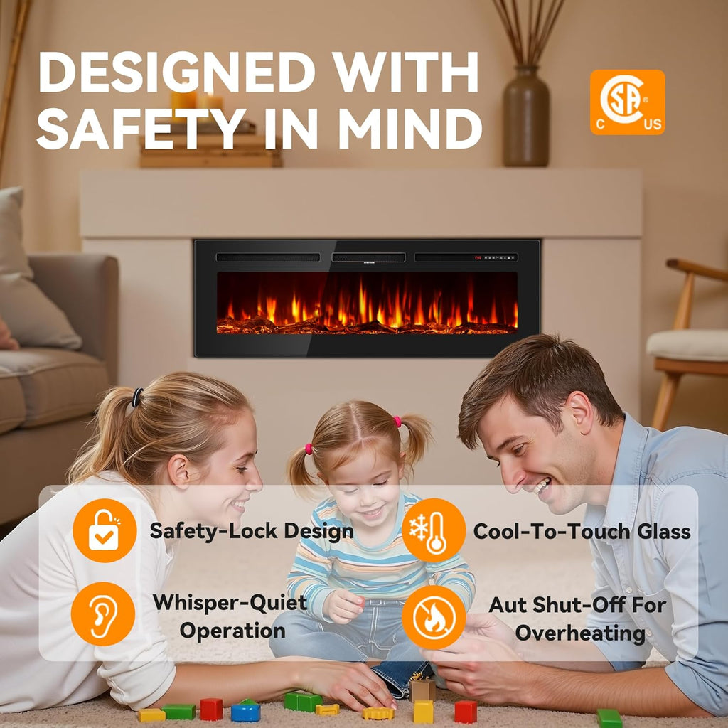 Tehanld 60" Ultra-Thin Electric Fireplace Heater, Recessed Wall Mounted