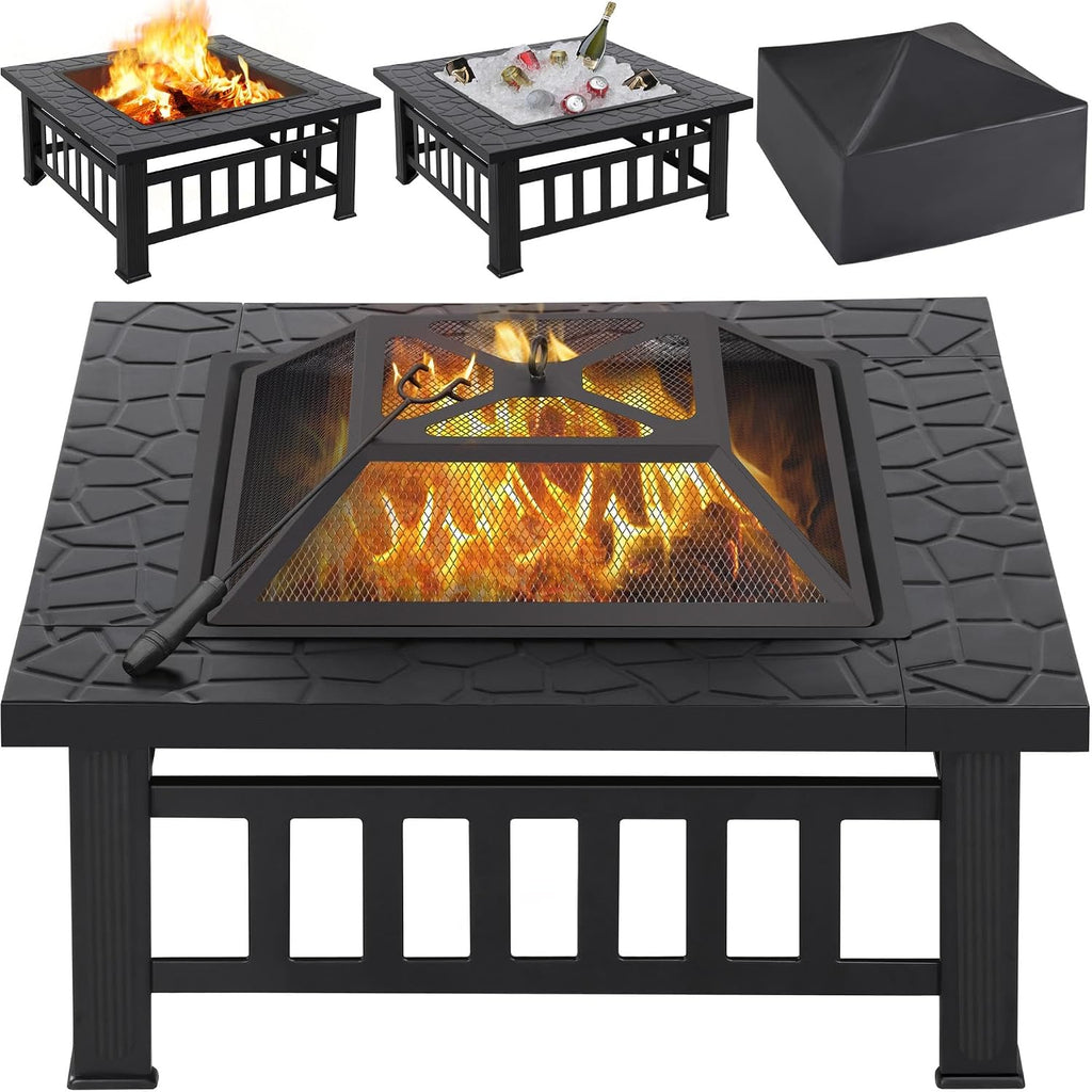 Yaheetech Multifunctional Fire Pit Table 32in Square Metal Firepit Stove