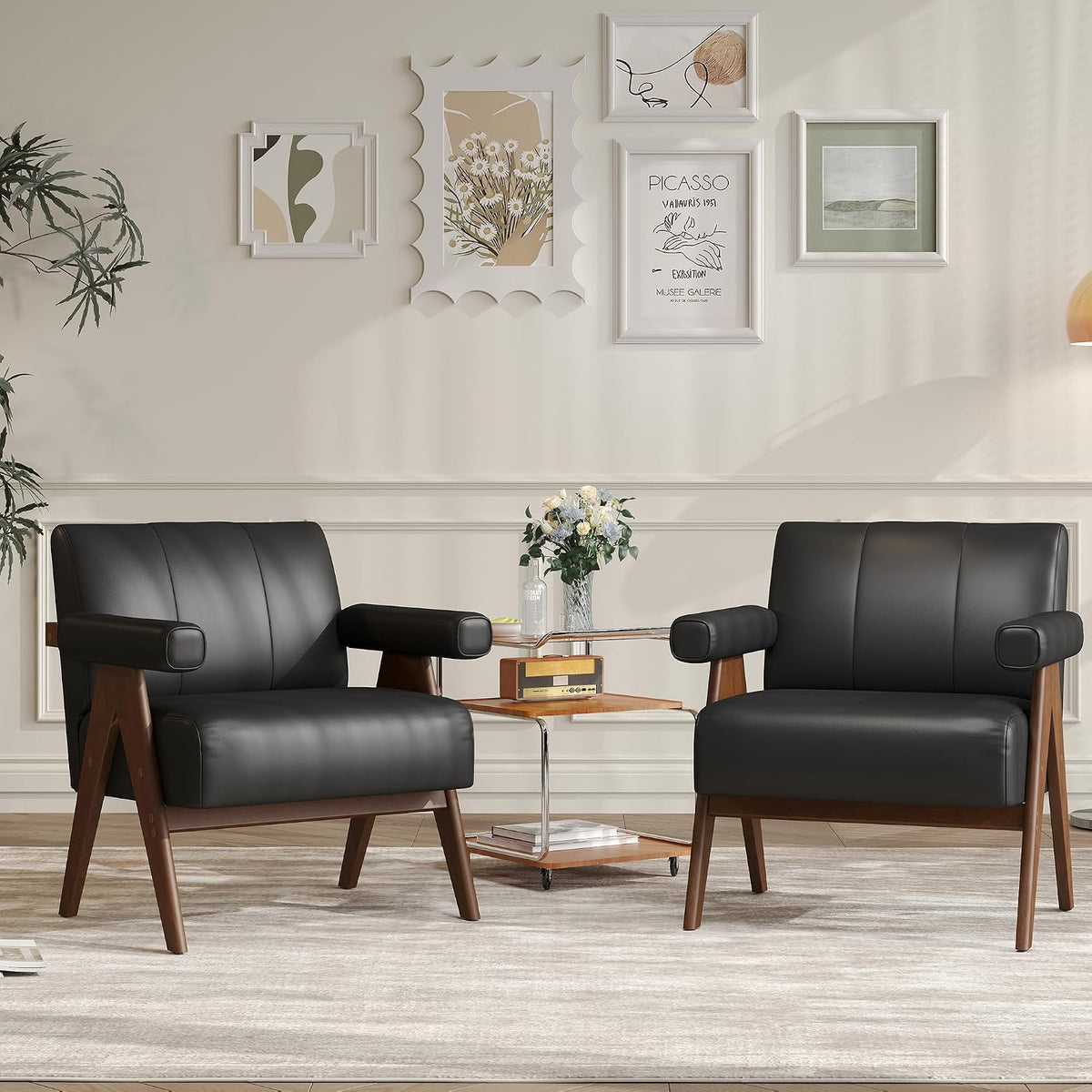 JIASTING Mid Century Modern Accent Chair Set of 2, Black Leather Armchair