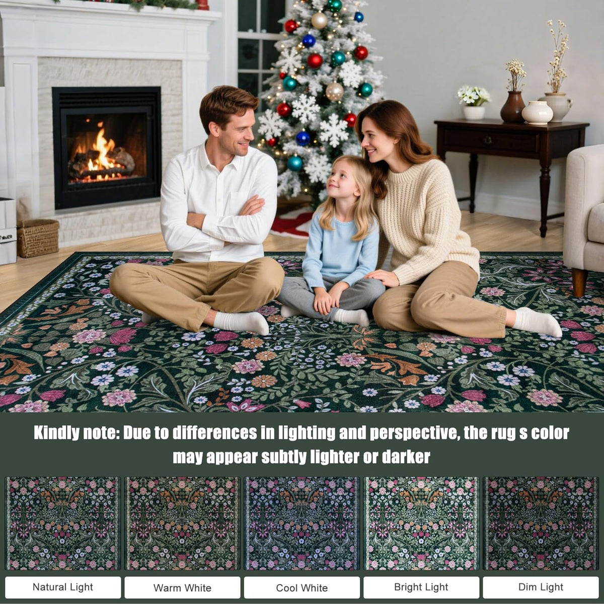 PLHXFR Area Rug 10x14 Living Room: Floral Washable Boho Carpet Dark Green