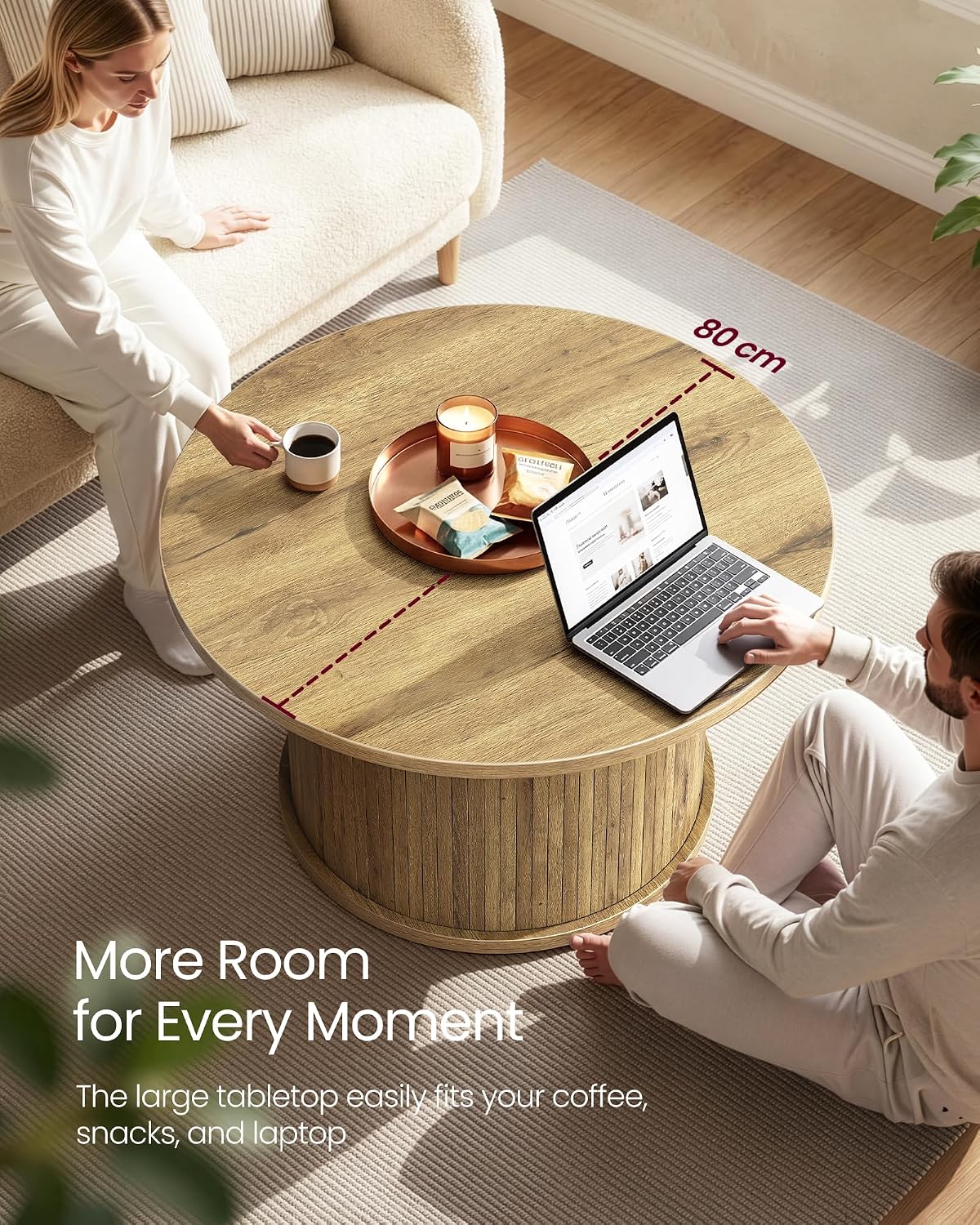 VASAGLE Round Coffee Table, Living Room Table with Tambour Design