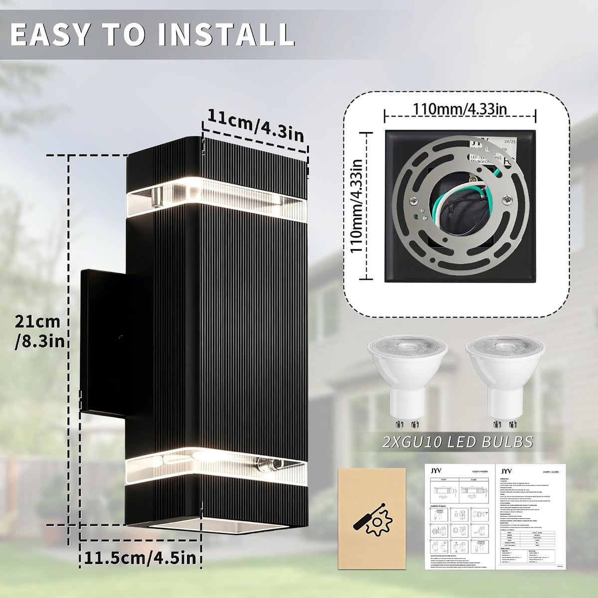 JYV 2 Pack Outdoor Wall Lights, Square Up and Down Porch Lights, Black