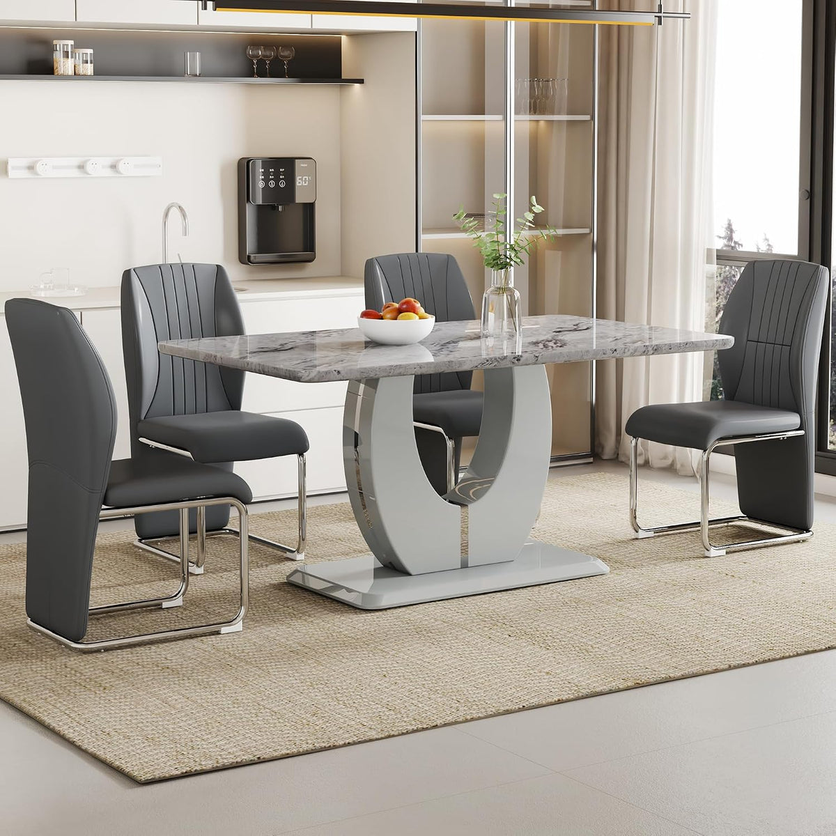 JUFU Modern Dining Set Table and 4 Chairs,Grey Faux Marble Dining Table Set for 4,Dining Room Table Set and 4 PU Leather Upholstered Dining Chairs,63'' Large Dinner Table Set