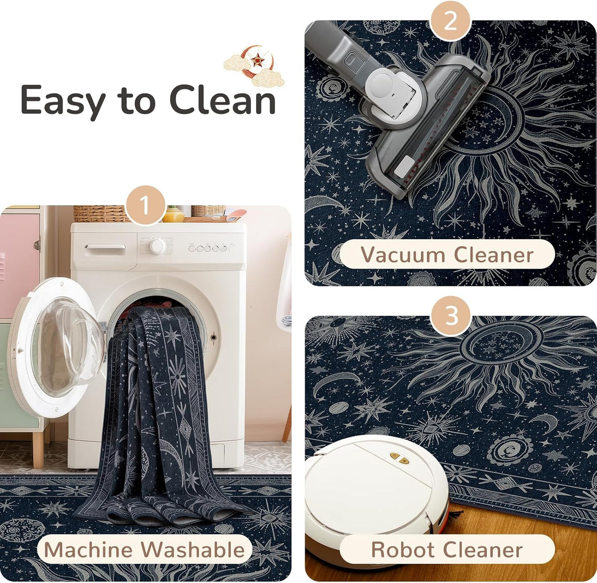 Vacuum-Friendly, 5x7 Washable Area Rug, Blue Gray White