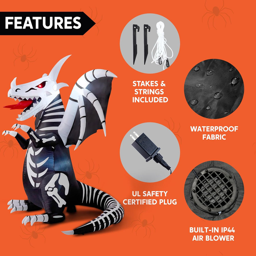 Joiedomi 8 FT Tall Halloween Inflatables Outdoor Skeleton Dragon Decoration, Blow Up Yard Decoration Inflatable Skeleton Dragon, Scary Halloween Decorations with Red LED Eyes for Lawn Garden Decor