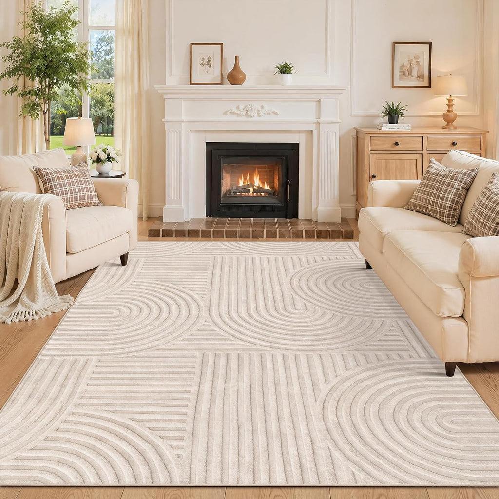 Ciicool 5x7 Area Rug for Living Room,Beige Washable High-Low Pile Carpet