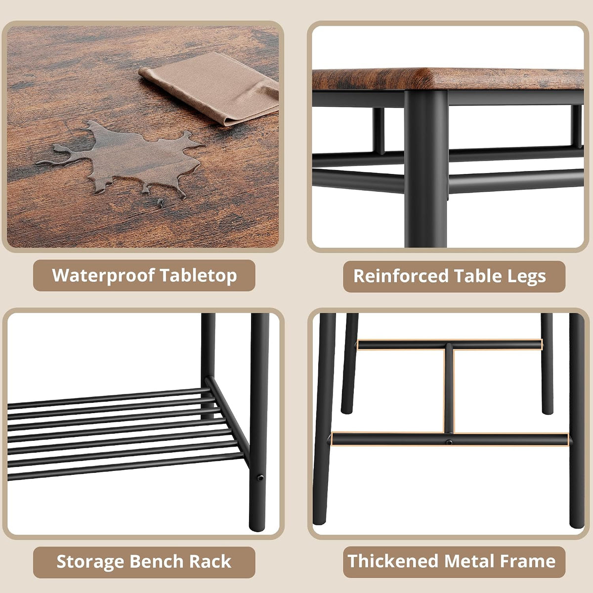 IRONCK Dining Table Set for 4, Kitchen Table and Chairs Set, Rustic Brown