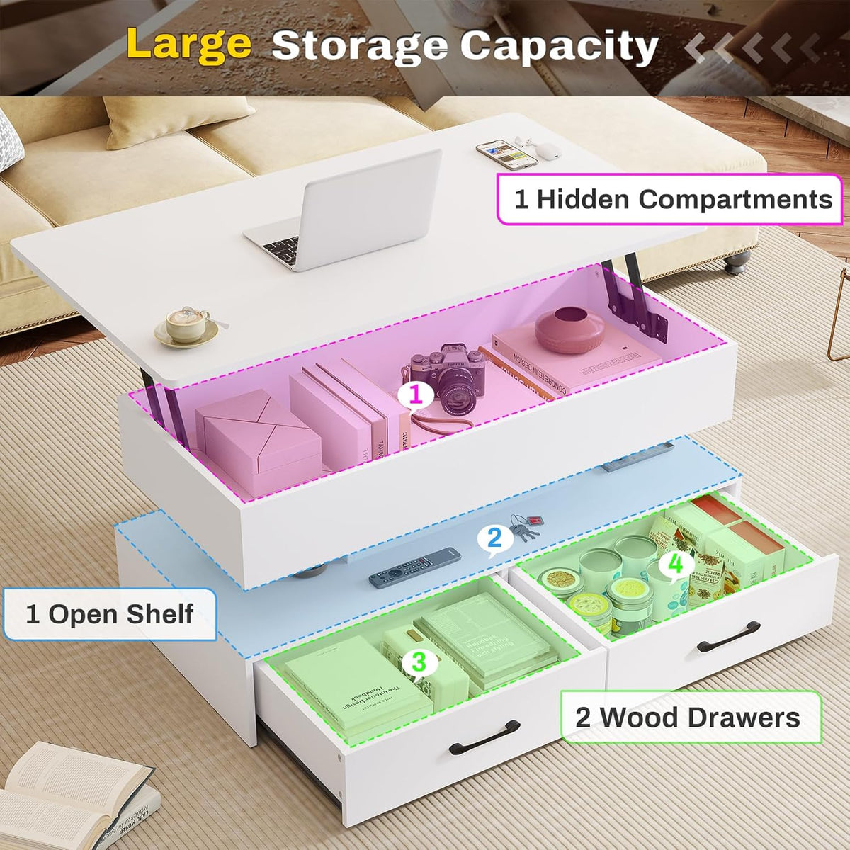 SEDETA 40" Lift Top Coffee Table with 2 Drawers Storage for Living Room