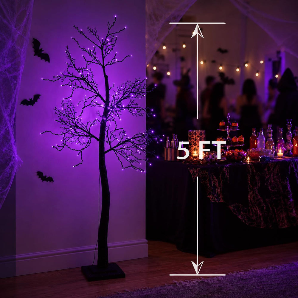 5FT Lighted Halloween Tree, 102 LED Dual Color Black Glitter Tree