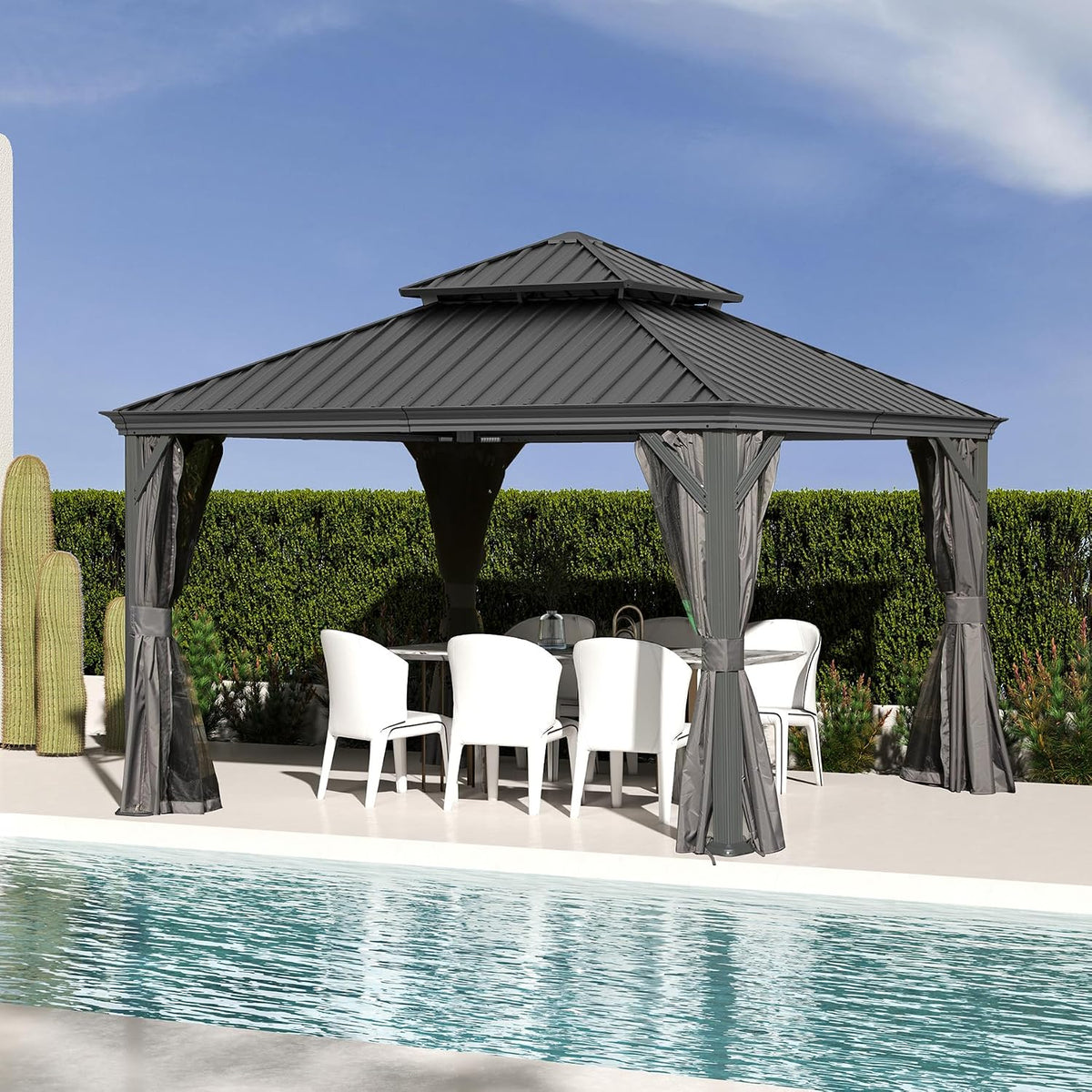 Domi 12'X12' Gazebo, Hardtop Gazebo for Patio with Drainage System, Gray