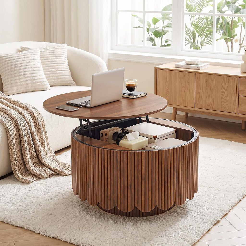 Round Lift Top Coffee Table with Storage, Fluted Circle Coffee Table,Walnut