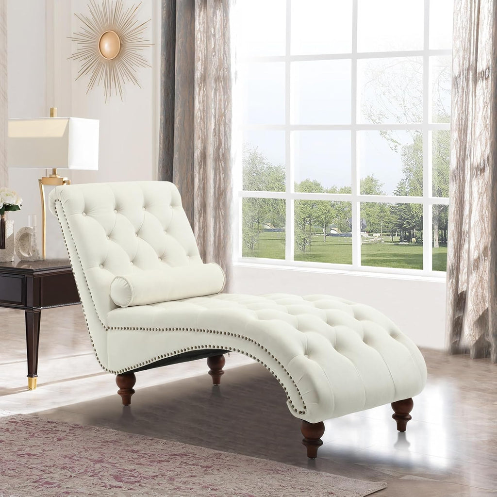 Button-Tufted Chaise Lounge Indoor, Velvet Chaise Lounge Chair with Legs & Toss Pillow, Armless Rolled Backrest Leisure Sofa Recliner for Living Room Bedroom (Begie)