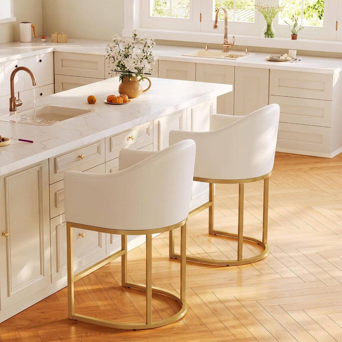 Modern Counter Height Bar Stools Set of 2 with Arms,White Leather