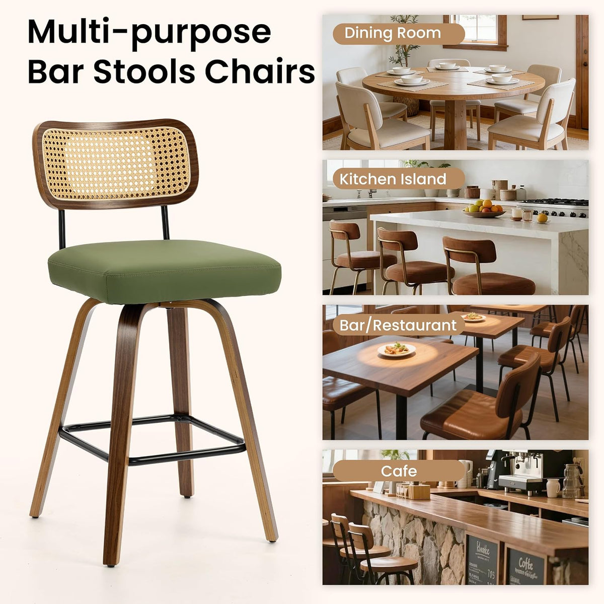 Swivel Bar Stools Set of 2, Counter Height Bar Stool with Rattan Back