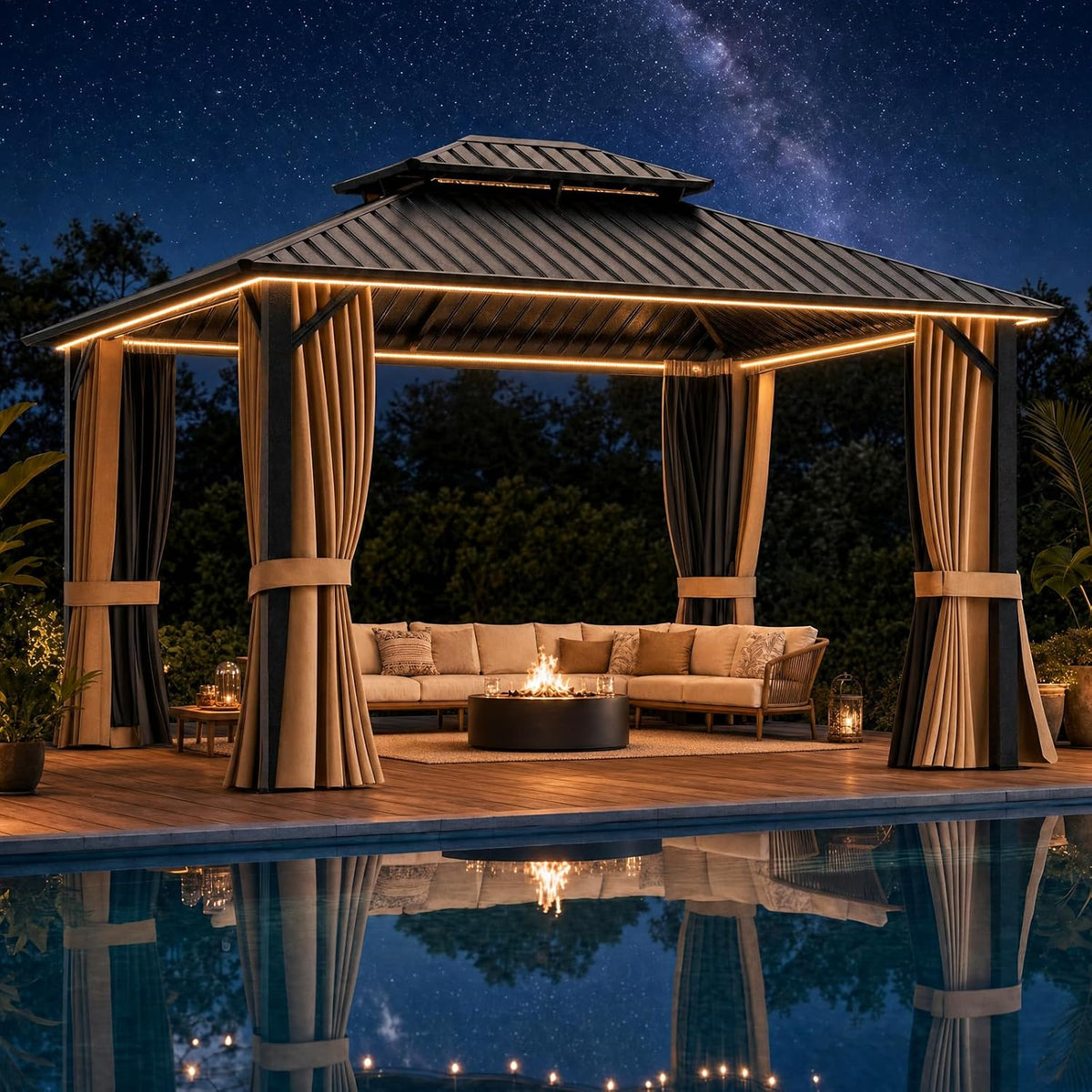 Gazebo Outdoor Gazebos, Hardtop Grill Gazebo Aluminum Galvanized Steel Double Roof Outdoor Gazebos, Pergola Include Curtain and Netting for Backyard, Patio, Lawn