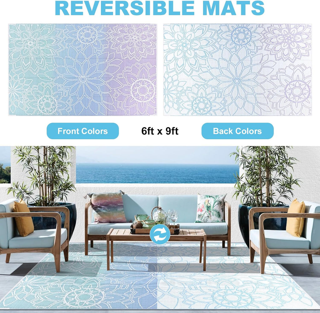 LOKHOM Outdoor Rug for Patio 6x9 ft Reversible Plastic Straw Patio Camping Rug, Floral Waterproof RV Mat for Camper Indoor Outdoor Carpet for Deck Porch Picnic Beach Balcony Backyard, Blue-Purple
