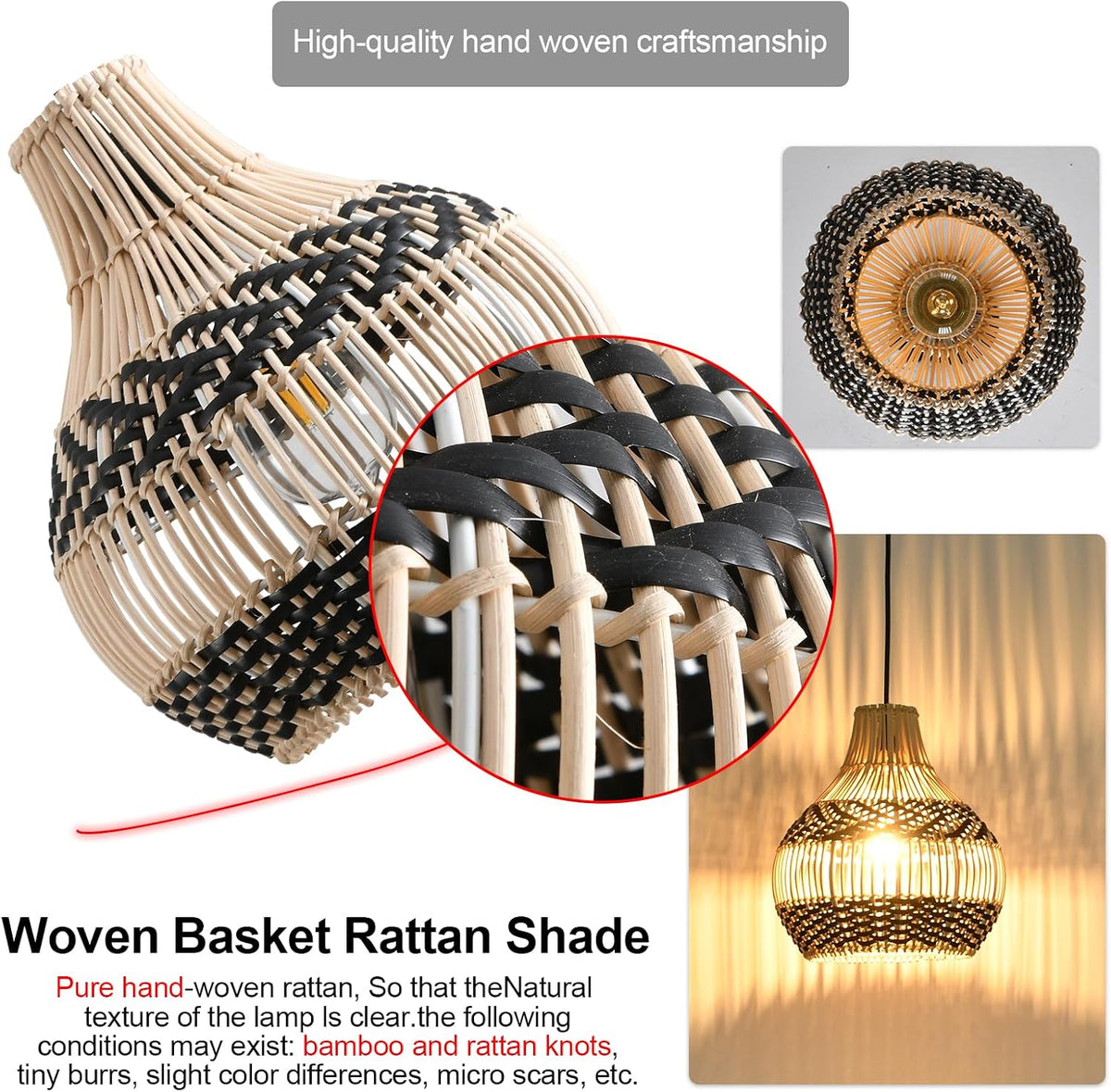 rattan pendant light mini hand-woven black white rattan, side view