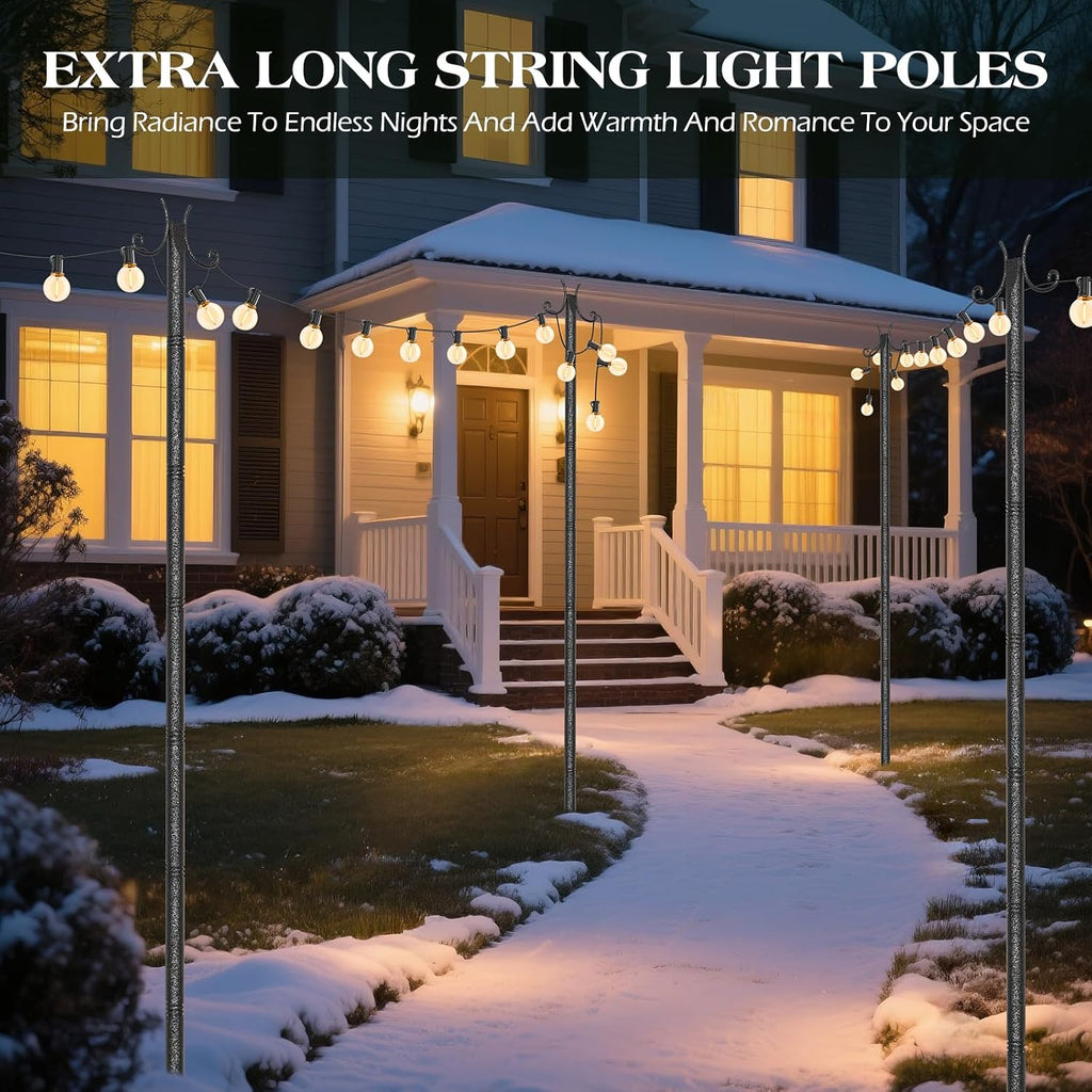 StarryEver 4 Pack String Light Poles, 3M/10FT Adjustable Height Metal Lights Hanging Pole with 2 Hooks and Rustproof, for Yard Patio Decor, Camping, Sun Shades Outdoor, Outside Decor
