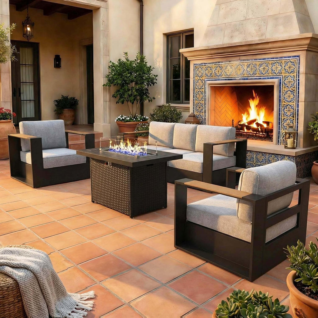 LayinSun 4 Pieces Aluminum Patio Furniture Set with Fire Pit Table
