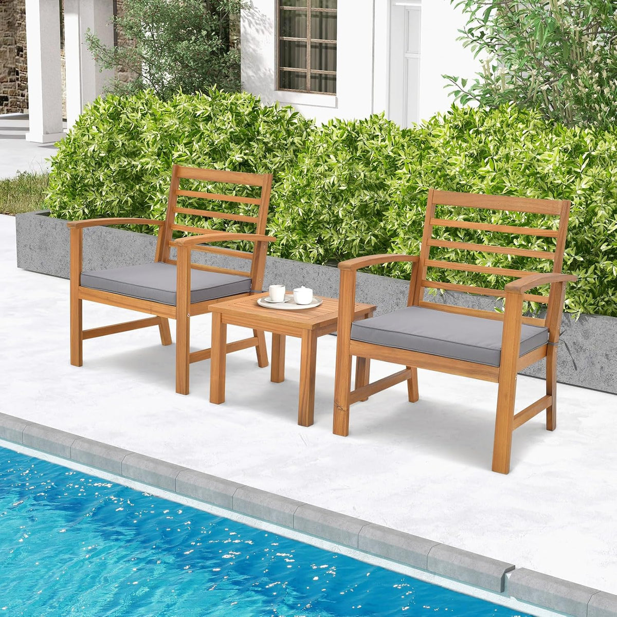Tangkula 3 Pieces Outdoor Furniture Set, Acacia Wood Conversation Set with Soft Seat Cushions, Stable Acacia Wood Frame, Patio Sofa & Coffee Table Set for Backyard, Porch, Poolside (Grey)
