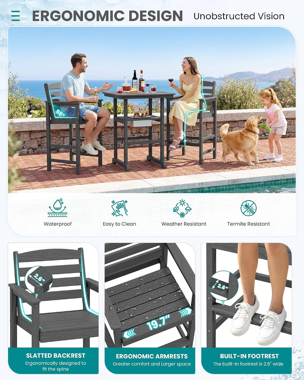 SERWALL 8 Pieces Outdoor Bar Chairs Table with Ice Bucket Set, Grey