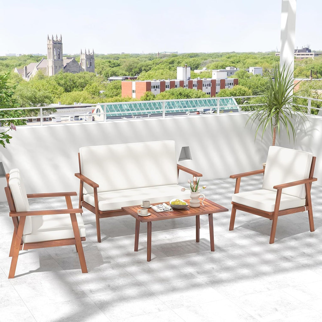 Tangkula 4 Piece Outdoor Conversation Set, Acacia Wood Sofa Set with Soft Seat & Back Cushions, Rectangle Coffee Table Patio Wood Furniture Set for Backyard, Poolside, Garden (1, Off White)