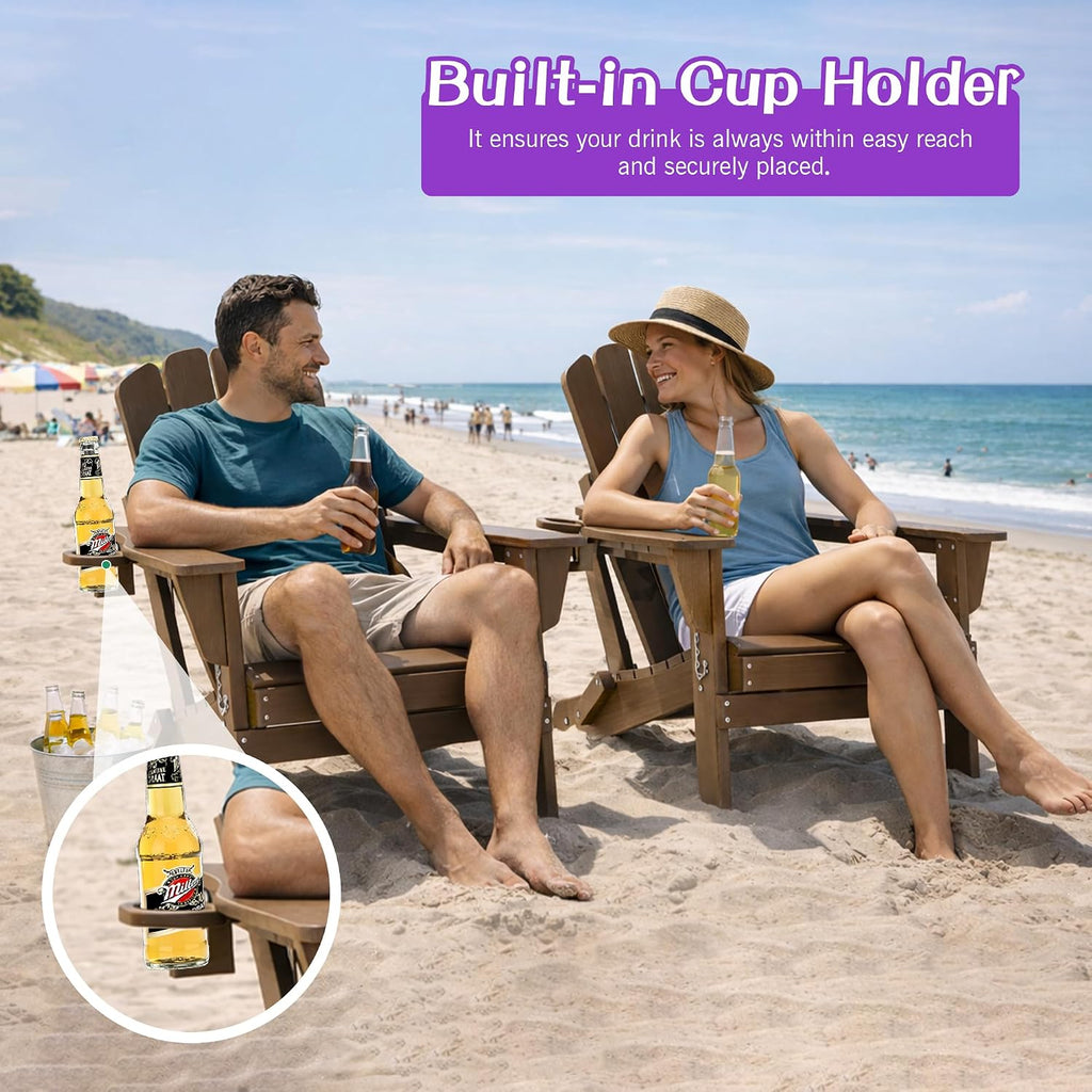 Domi Folding Adirondack Chair Set of 6, HDPE All-Weather Adirondack Chairs with Cup Holder, Outdoor Plastic Fire Pit Chairs Wood Texture for Poolside, Patio, Backyard, Deck (Khaki)