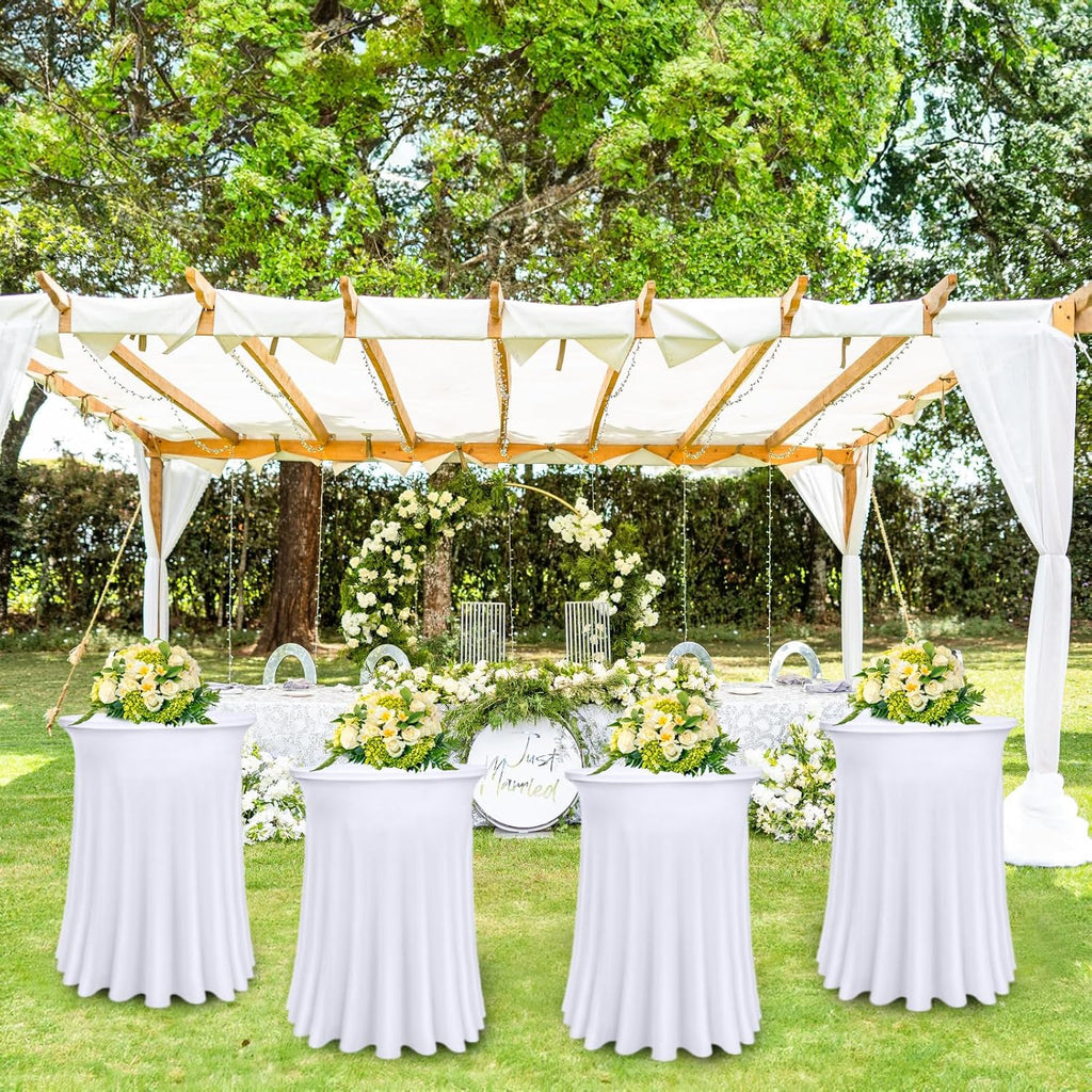 Bekith 4 Pack Round Spandex Stretch Cocktail Tablecloths with Natural Wavy, 32 x 43 Inch Cocktail Table Covers Round Table Skirt Fitted High Top Table Bar for Party Wedding Birthday Banquet (White)