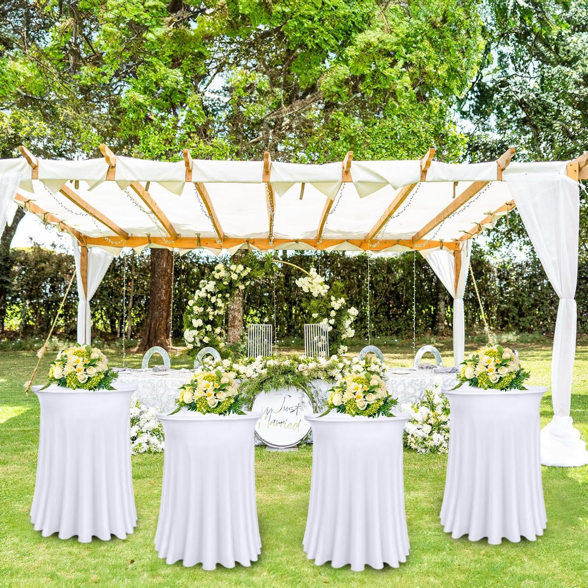 Bekith 4 Pack Round Spandex Stretch Cocktail Tablecloths with Natural Wavy, 32 x 43 Inch Cocktail Table Covers Round Table Skirt Fitted High Top Table Bar for Party Wedding Birthday Banquet (White)