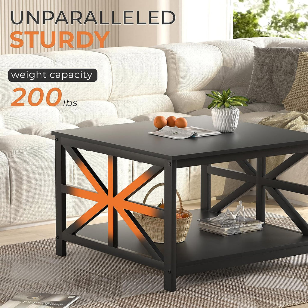 GreenForest 27.55 Inch Square Coffee Table with 2 Tier Storage