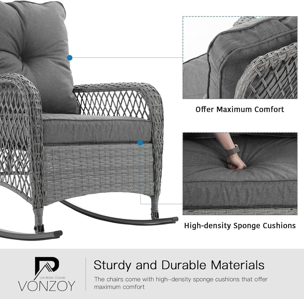 Patio Furniture Set 3 Pieces, Wicker Outdoor Rocking Bistro Set, Grey