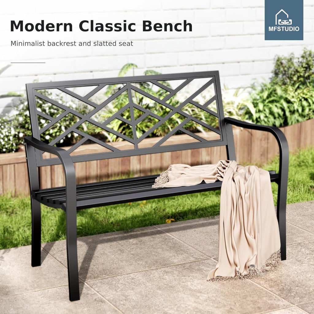 MFSTUDIO 43.7” Cast Iron Outdoor Garden Bench, Geometric Backrest, Black