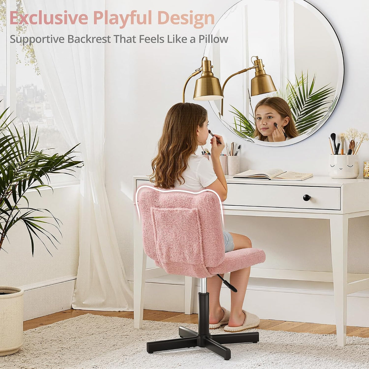 LUE BONA Cute Bear Ear Vanity Chair for Teen Girls - Height Adjustable 13.8"-18.9" Swivel Stool with Back Support, Teddy Velvet Makeup Ottoman, 300lbs, Pink