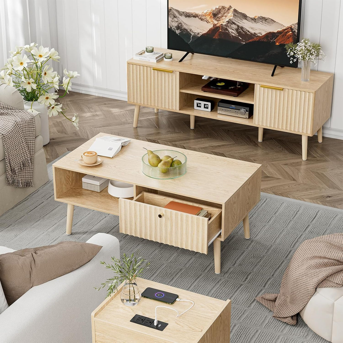 LCRBOL Coffee Table with Fluted Drawer, Modern, Oak