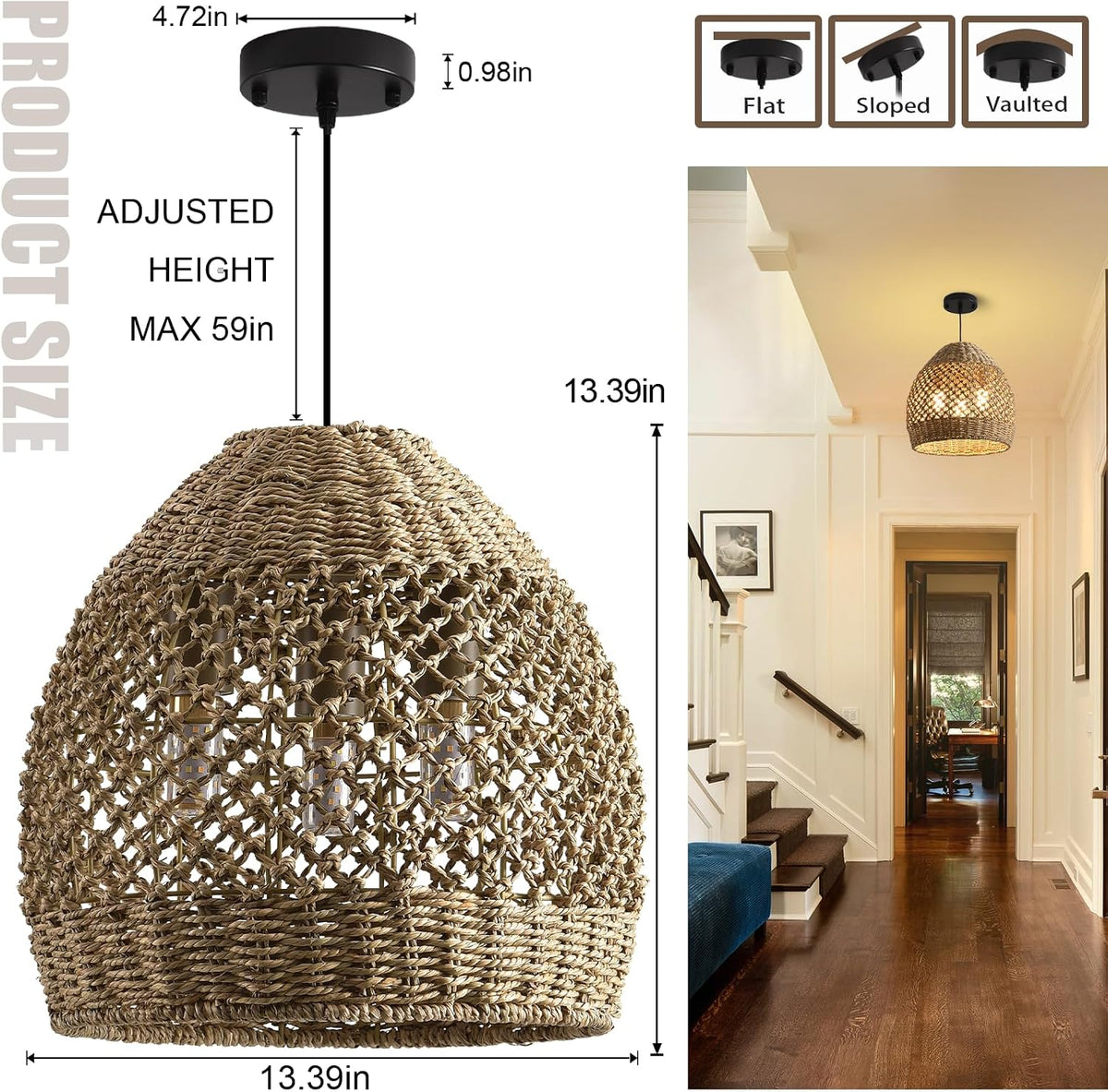 rattan pendant light 13.39in boho coastal wicker hanging, side view