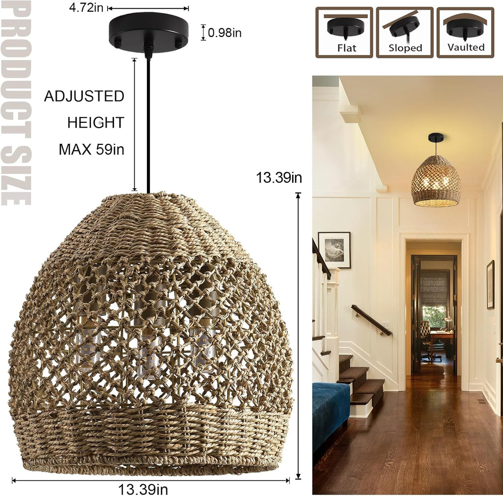 rattan pendant light 13.39in boho coastal wicker hanging, side view