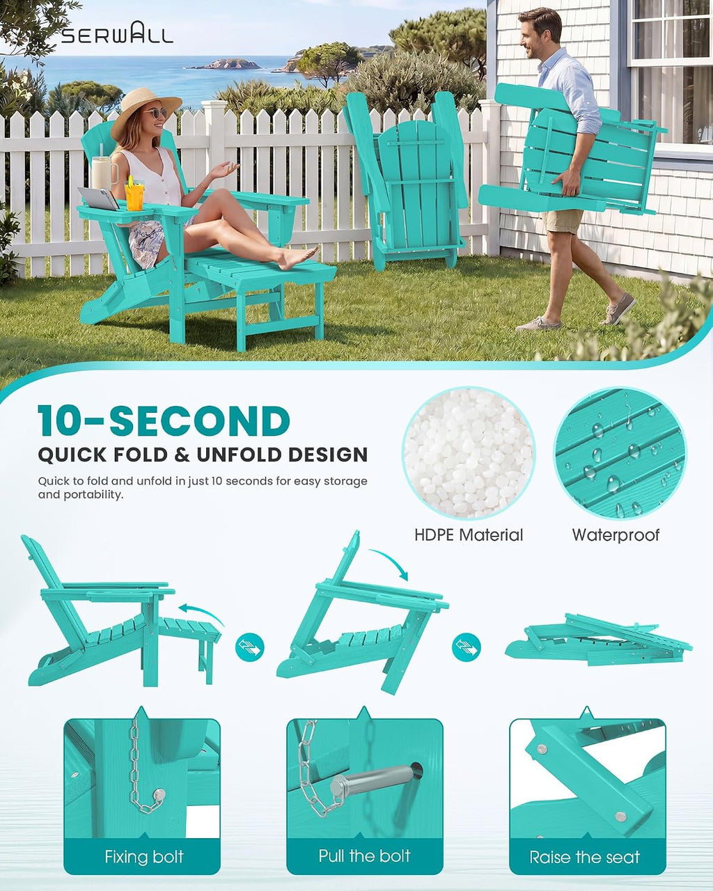SERWALL Folding Adjustable Adirondack Chairs with Footrest Set of 2, HDPE Outdoor Chair with 4-in-1 Cup Holders, All Weather Adirondack Chair with Ottoman, Aruba