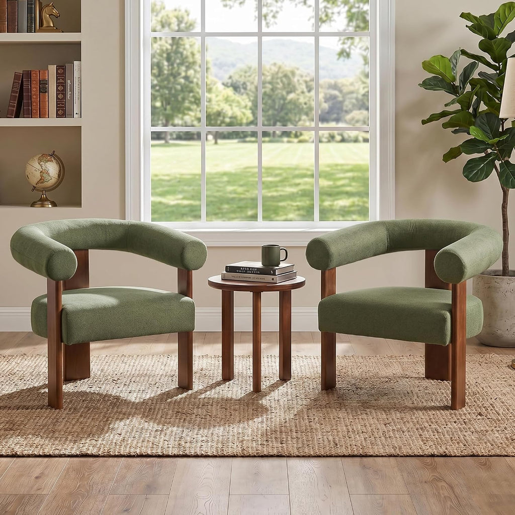 Usaint Upholstered Barrel Accent Chair Set of 2 with Walnut Wood Legs