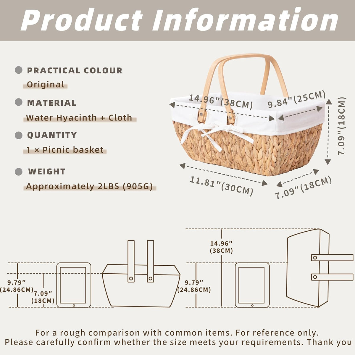 GYASVWU Water Hyacinth Picnic Baskets, Wicker Picnic Basket with Handle, Wicker Bread Basket with Linner, Empty Gift Baskets for Easter, Weddings, Garden and Home Decor (Original)