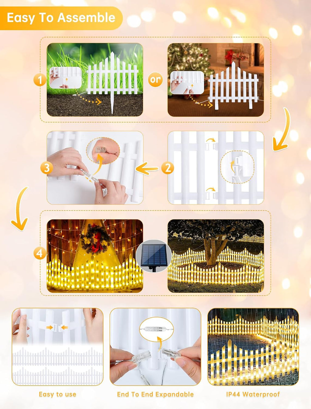 Hopolon 8 Pack Lighted Garden Fence, 11.1in (H) X 9.1ft (L) Warm White