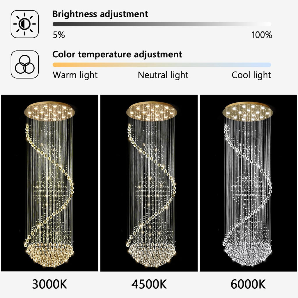 D40'' x H120'' Crystal Chandelier High Ceiling Chandeliers for Staircaes Large Raindrop Chandeliers LED Dimmable Flush Mount Light Fixtures for Foyer Hallway Entryway LED Bulbs Included Gold