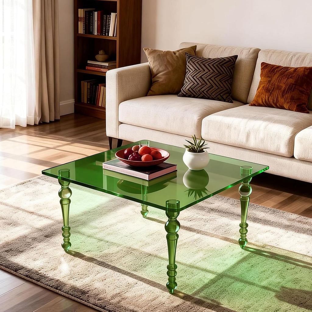 Acrylic Coffee Table Square, Mid-Century Modern Style for Living Room, Bedroom (Green, 31.5"×31.5"×16.9“)