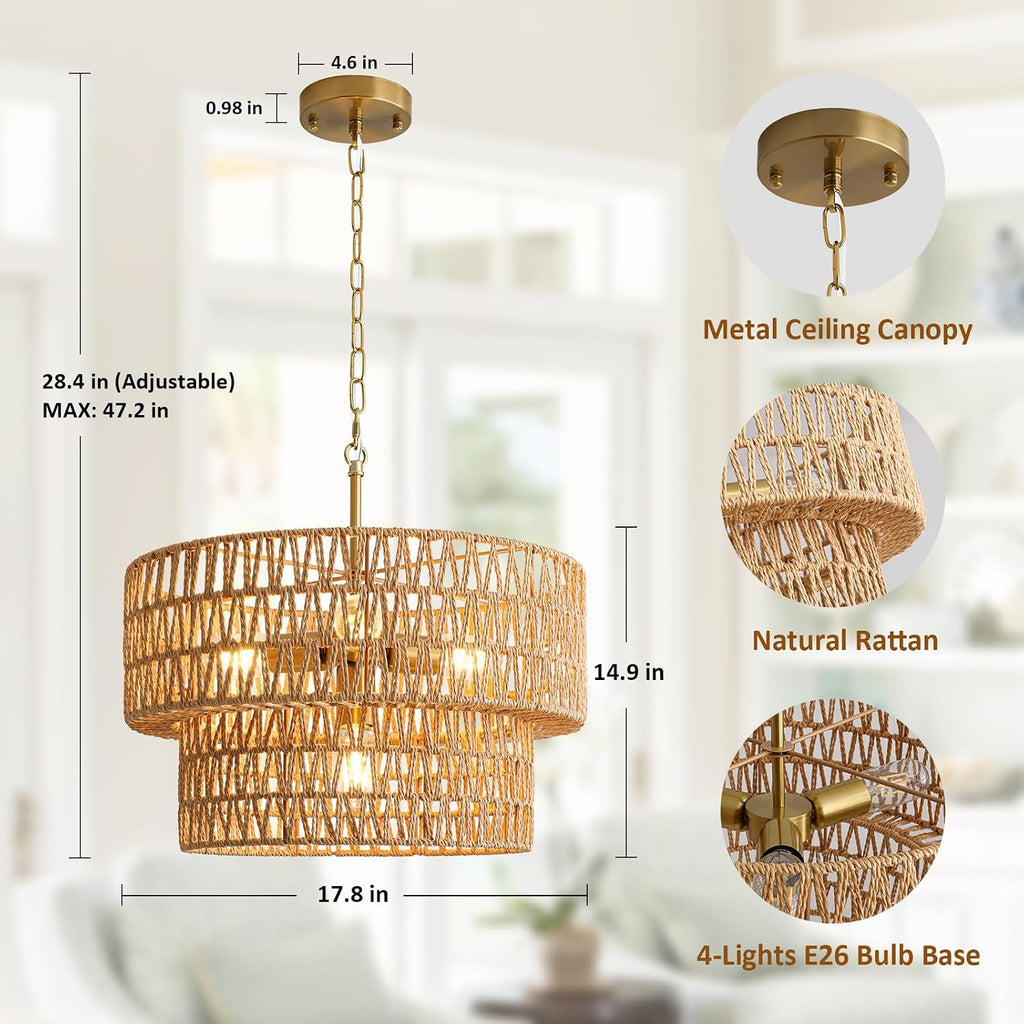 17.8" boho rattan chandelier light fixtures, 4-light rattan, close-up detail
