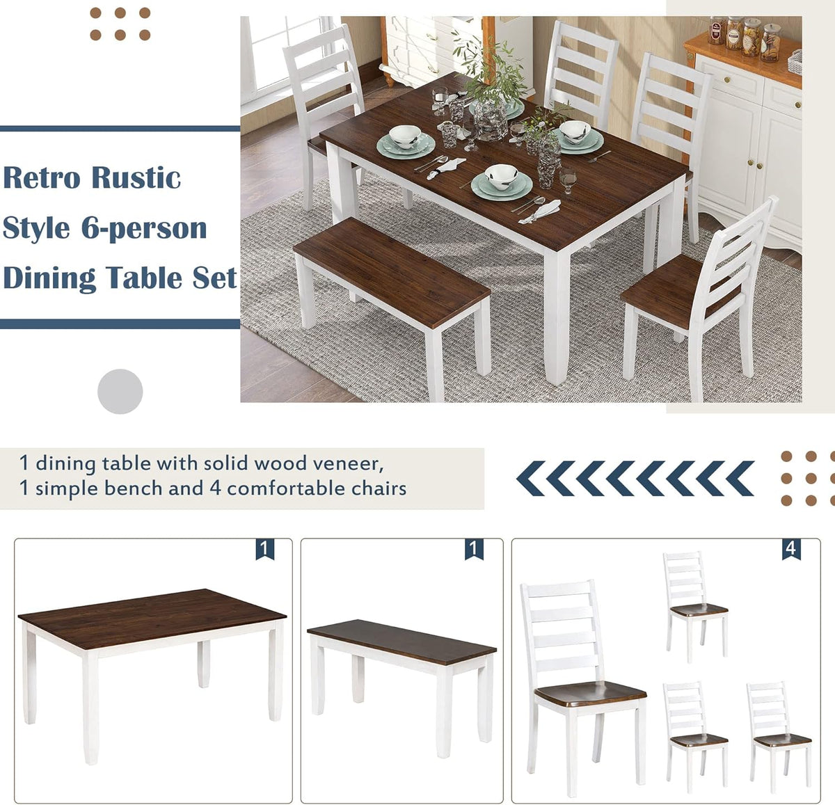 LUMISOL 6-Piece Farmhouse Dining Table Set for 6-7, Solid Wood Kitchen Table Set with Bench and Chairs, Rustic Table and Chairs Set for Kitchen, Dining Room, Walnut + Cottage White