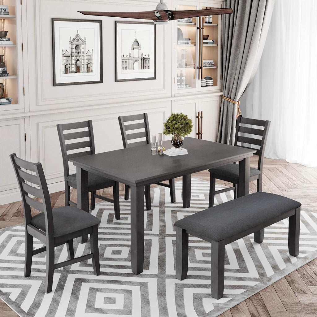 Harper & Bright Designs 6 Pieces Wooden Dining Table Set, Rectangle Table and 4 Chairs with Bench with Cushion, Kitchen Table Chairs Set for 6 Persons, Dining Room Set (Gray)